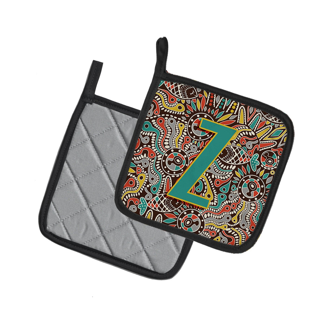 Letter Z Retro Tribal Alphabet Initial Pot Holder Set of 2 Heat Resistant Quilted Hot Pads 7.5 x 7.5 Inch, Insulated Kitchen Trivets for Cooking & Baking