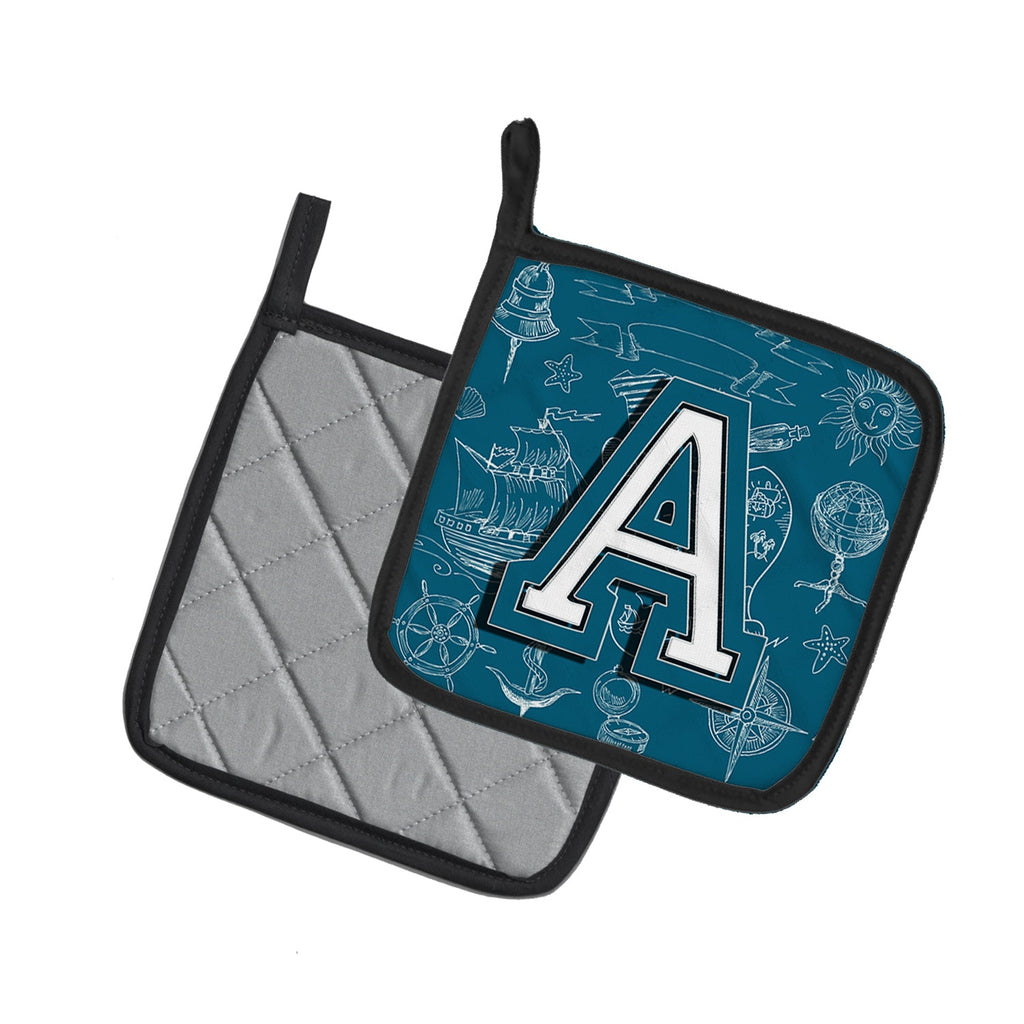 Letter A Sea Doodles Initial Alphabet Pot Holder Set of 2 Heat Resistant Quilted Hot Pads 7.5 x 7.5 Inch, Insulated Kitchen Trivets for Cooking & Baking