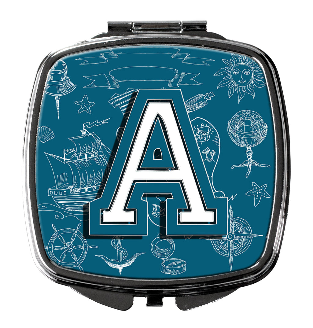 Letter A Sea Doodles Initial Alphabet Compact Mirror Decorative Travel Makeup Mirror for Women Girls Gifts Pocket Makeup Mirror Folding Handheld