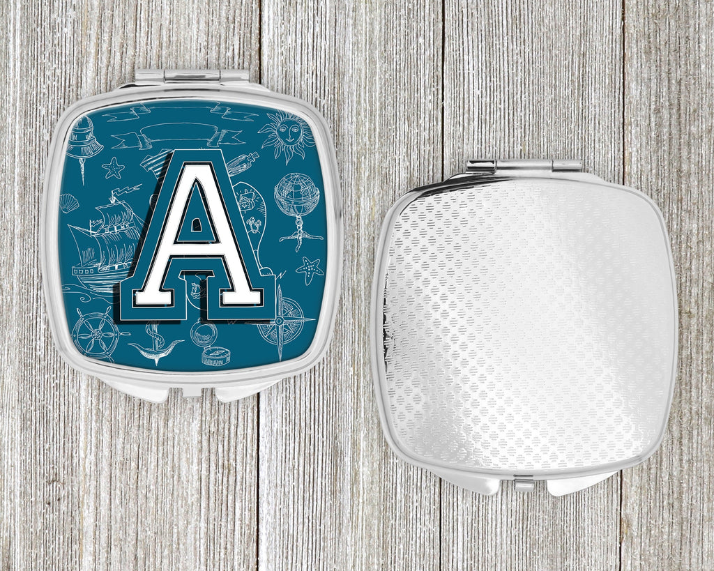 Letter A Sea Doodles Initial Alphabet Compact Mirror Decorative Travel Makeup Mirror for Women Girls Gifts Pocket Makeup Mirror Folding Handheld
