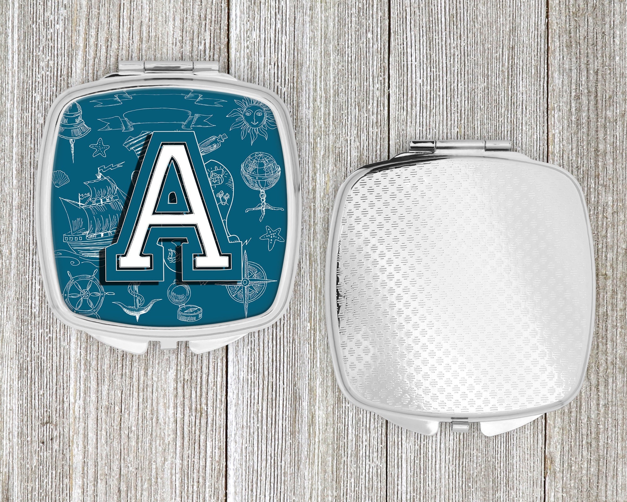 Letter A Sea Doodles Initial Alphabet Compact Mirror Decorative Travel Makeup Mirror for Women Girls Gifts Pocket Makeup Mirror Folding Handheld