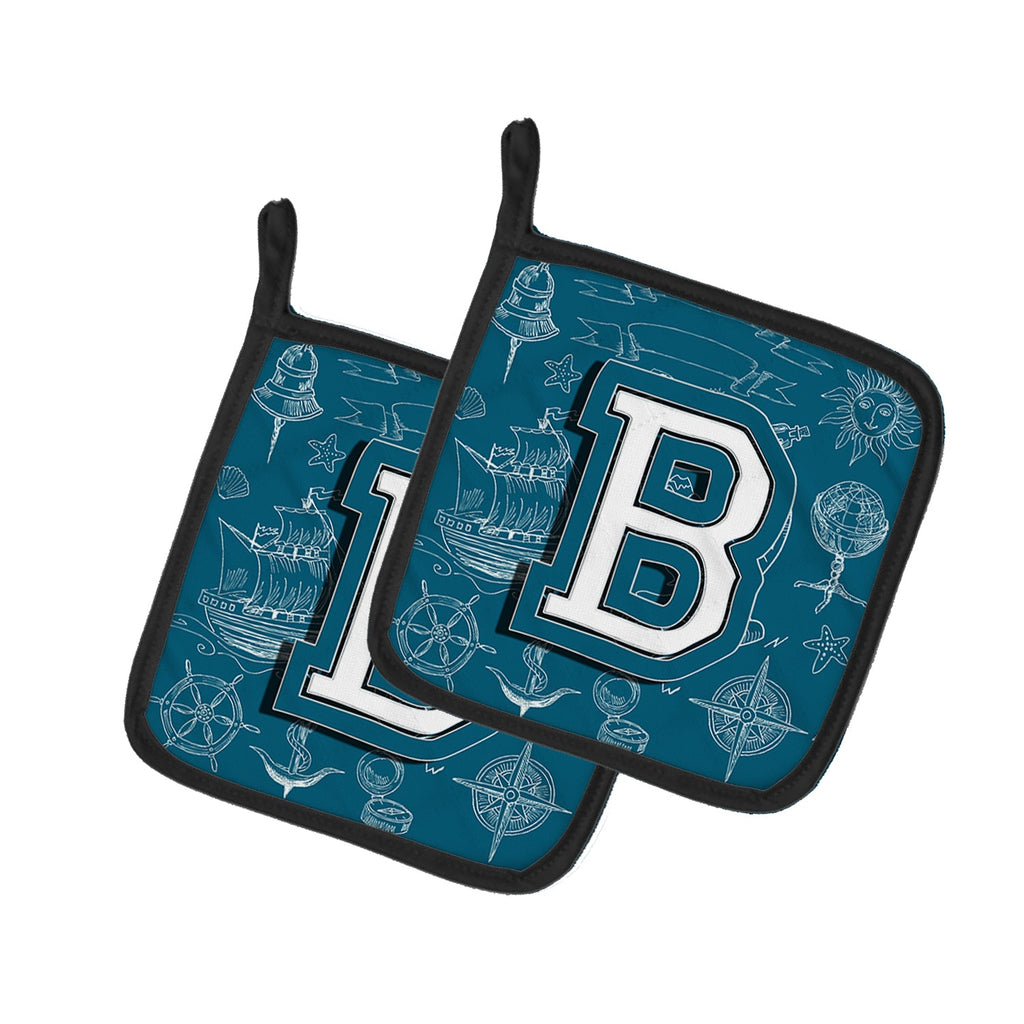 Letter B Sea Doodles Initial Alphabet Pot Holder Set of 2 Heat Resistant Quilted Hot Pads 7.5 x 7.5 Inch, Insulated Kitchen Trivets for Cooking & Baking