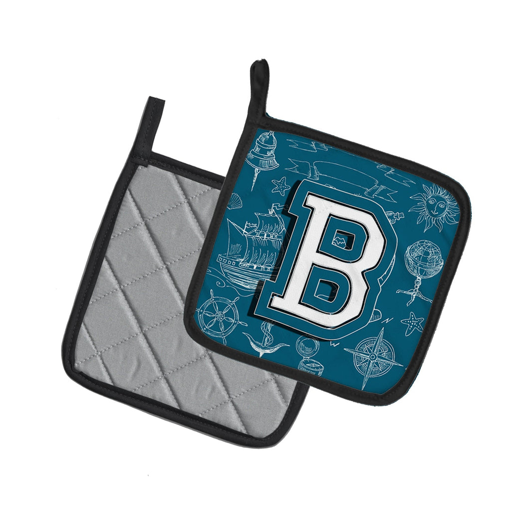 Letter B Sea Doodles Initial Alphabet Pot Holder Set of 2 Heat Resistant Quilted Hot Pads 7.5 x 7.5 Inch, Insulated Kitchen Trivets for Cooking & Baking