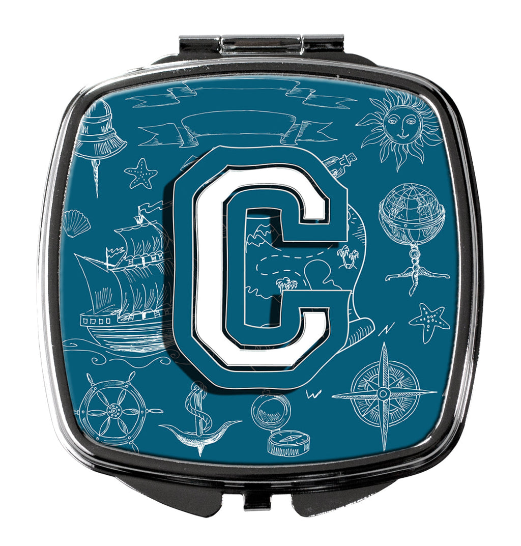 Letter C Sea Doodles Initial Alphabet Compact Mirror Decorative Travel Makeup Mirror for Women Girls Gifts Pocket Makeup Mirror Folding Handheld