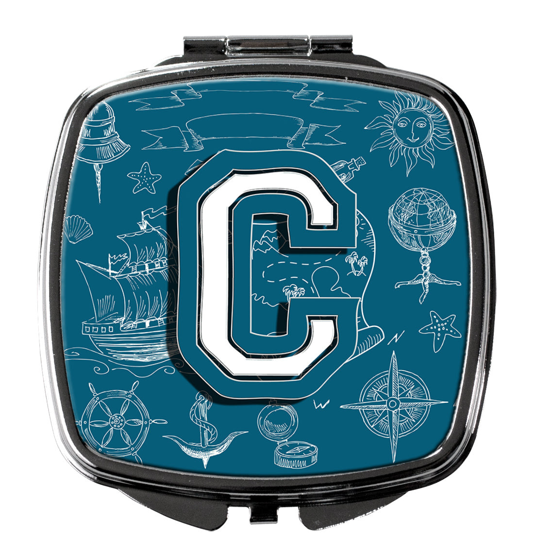 Letter C Sea Doodles Initial Alphabet Compact Mirror Decorative Travel Makeup Mirror for Women Girls Gifts Pocket Makeup Mirror Folding Handheld
