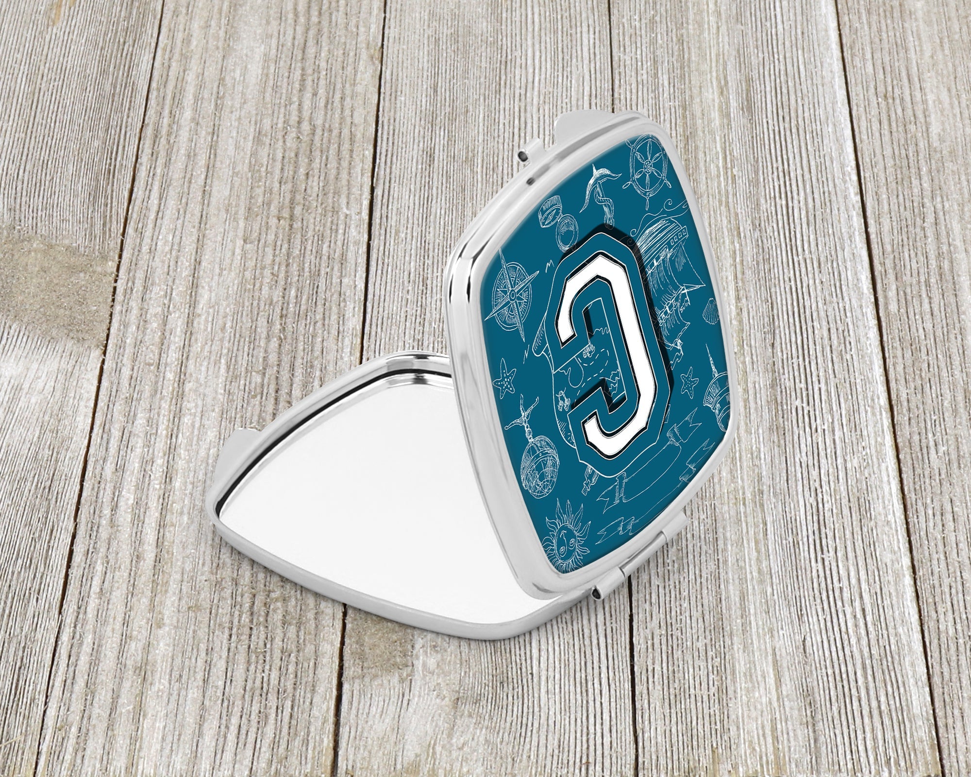 Letter C Sea Doodles Initial Alphabet Compact Mirror Decorative Travel Makeup Mirror for Women Girls Gifts Pocket Makeup Mirror Folding Handheld