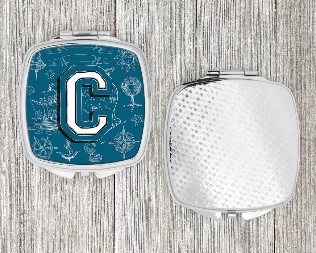 Letter C Sea Doodles Initial Alphabet Compact Mirror Decorative Travel Makeup Mirror for Women Girls Gifts Pocket Makeup Mirror Folding Handheld
