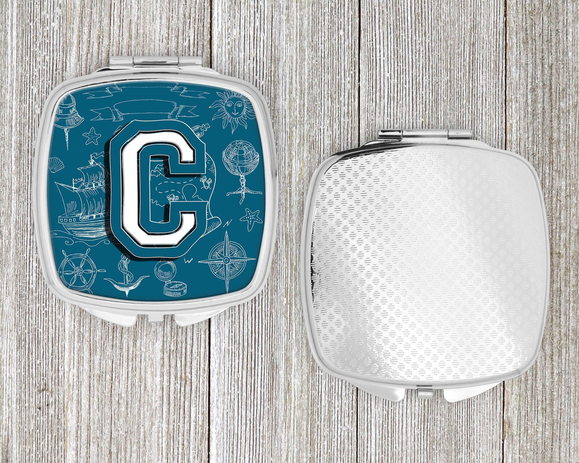 Letter C Sea Doodles Initial Alphabet Compact Mirror Decorative Travel Makeup Mirror for Women Girls Gifts Pocket Makeup Mirror Folding Handheld
