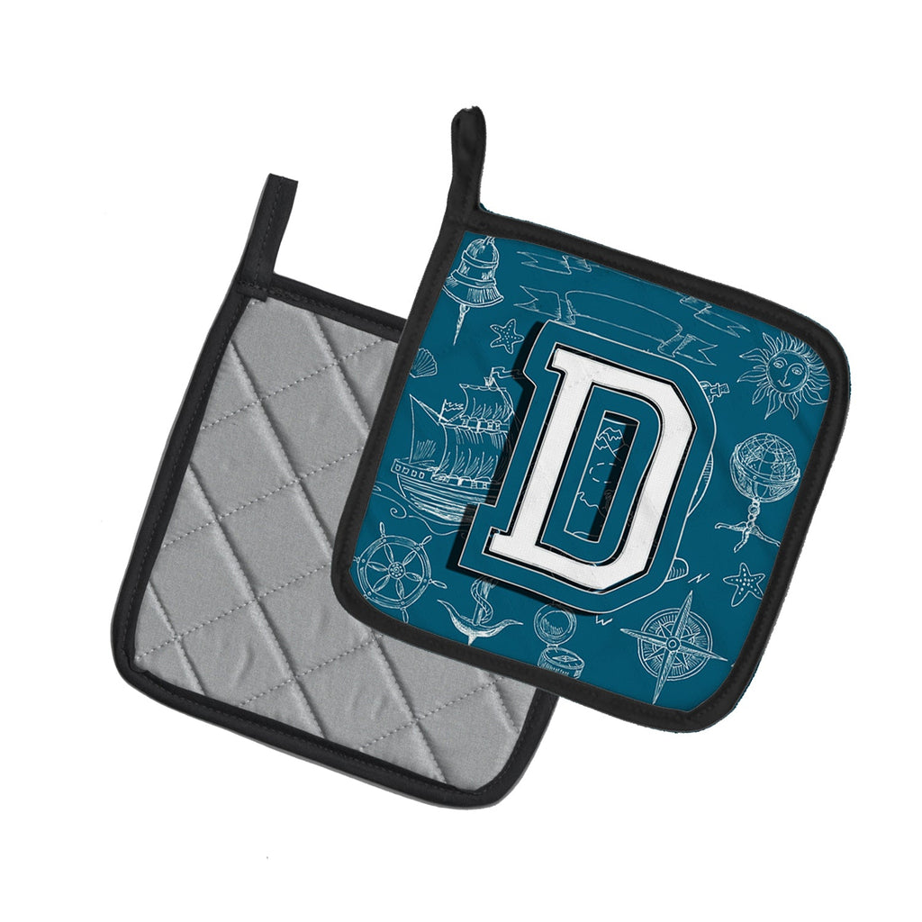 Letter D Sea Doodles Initial Alphabet Pot Holder Set of 2 Heat Resistant Quilted Hot Pads 7.5 x 7.5 Inch, Insulated Kitchen Trivets for Cooking & Baking