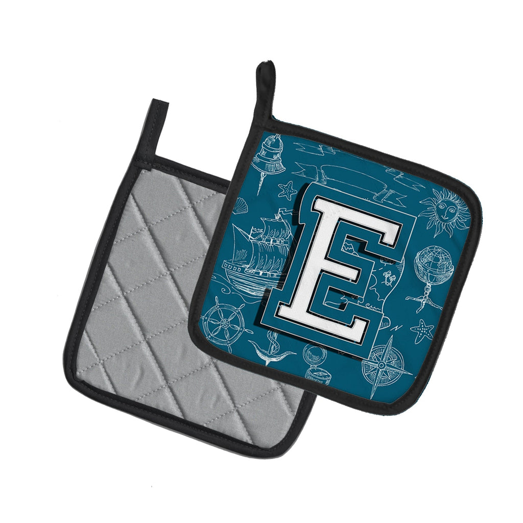 Letter E Sea Doodles Initial Alphabet Pot Holder Set of 2 Heat Resistant Quilted Hot Pads 7.5 x 7.5 Inch, Insulated Kitchen Trivets for Cooking & Baking