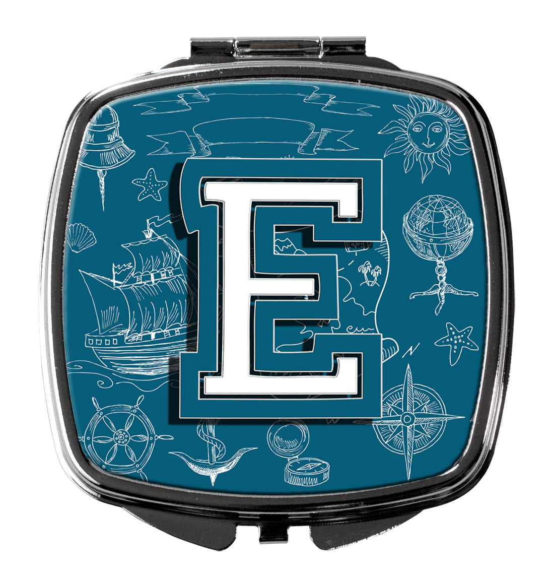 Letter E Sea Doodles Initial Alphabet Compact Mirror Decorative Travel Makeup Mirror for Women Girls Gifts Pocket Makeup Mirror Folding Handheld