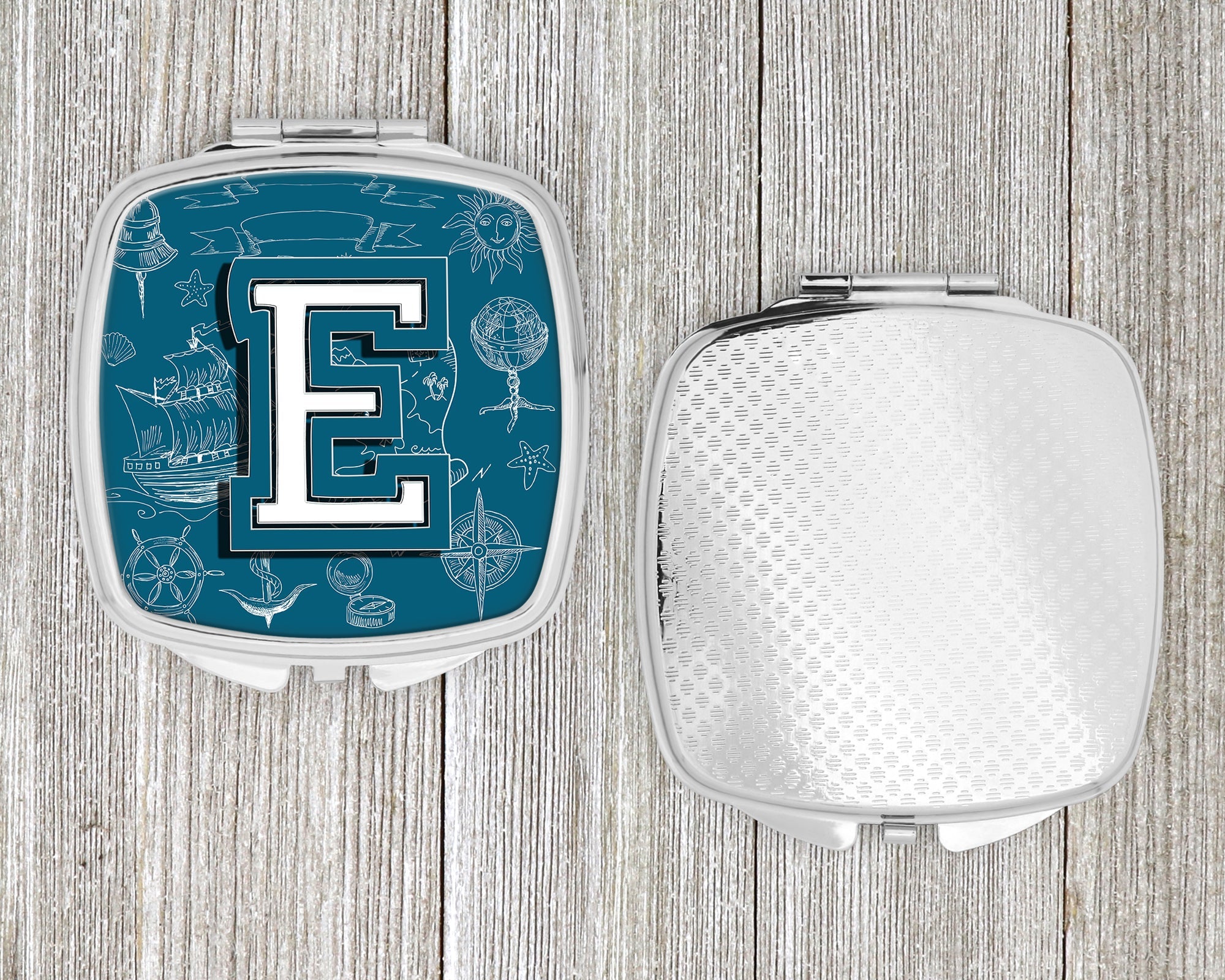 Letter E Sea Doodles Initial Alphabet Compact Mirror Decorative Travel Makeup Mirror for Women Girls Gifts Pocket Makeup Mirror Folding Handheld