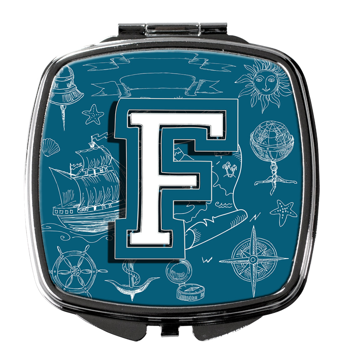 Letter F Sea Doodles Initial Alphabet Compact Mirror Decorative Travel Makeup Mirror for Women Girls Gifts Pocket Makeup Mirror Folding Handheld
