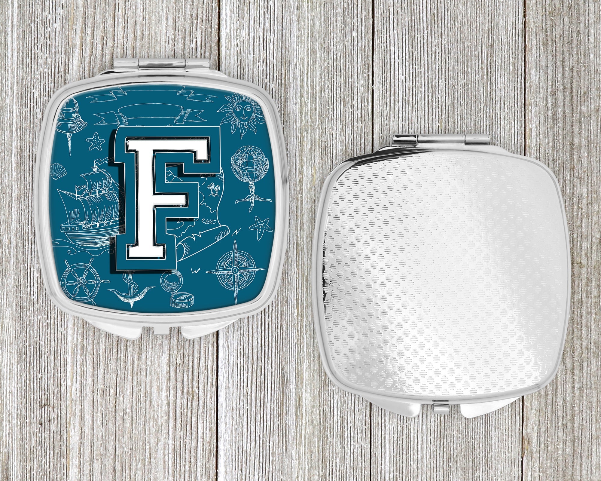 Letter F Sea Doodles Initial Alphabet Compact Mirror Decorative Travel Makeup Mirror for Women Girls Gifts Pocket Makeup Mirror Folding Handheld
