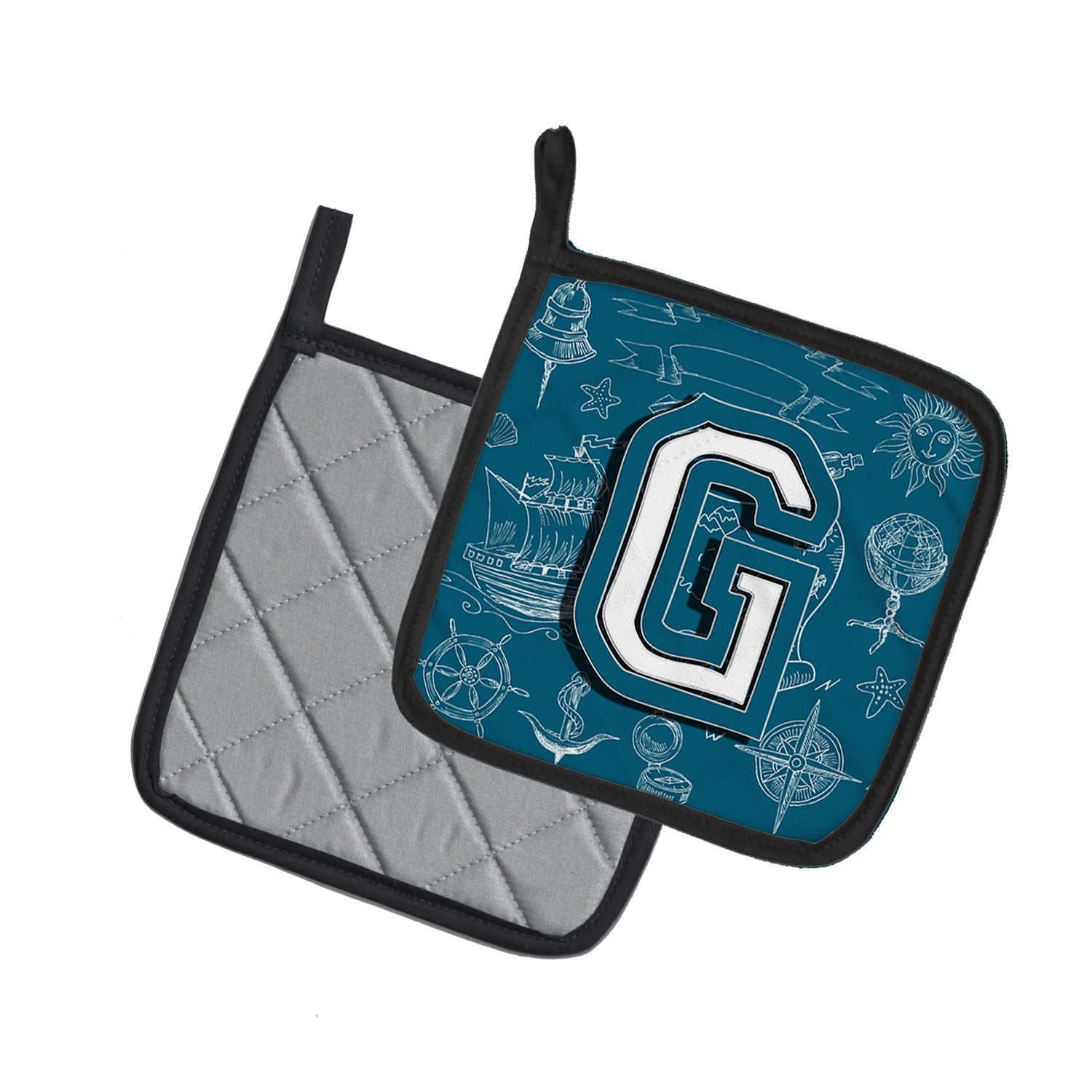 Letter G Sea Doodles Initial Alphabet Pot Holder Set of 2 Heat Resistant Quilted Hot Pads 7.5 x 7.5 Inch, Insulated Kitchen Trivets for Cooking & Baking