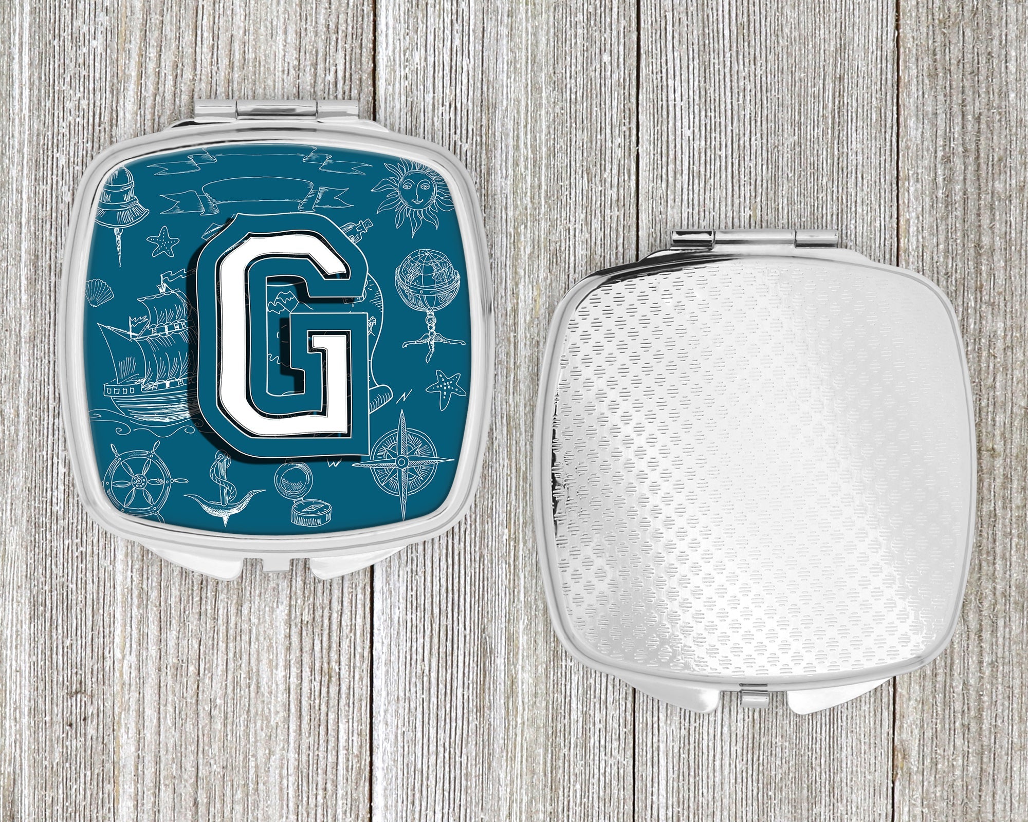 Letter G Sea Doodles Initial Alphabet Compact Mirror Decorative Travel Makeup Mirror for Women Girls Gifts Pocket Makeup Mirror Folding Handheld