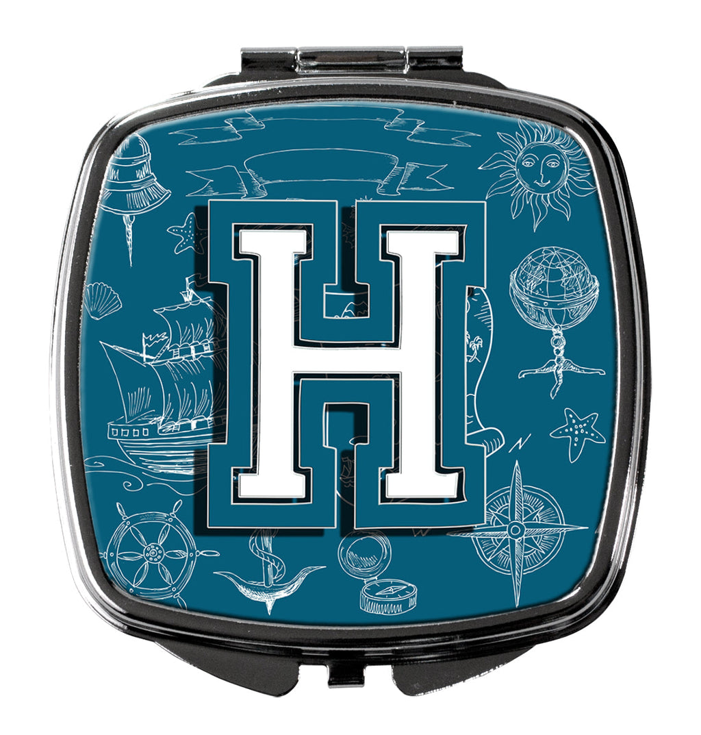 Letter H Sea Doodles Initial Alphabet Compact Mirror Decorative Travel Makeup Mirror for Women Girls Gifts Pocket Makeup Mirror Folding Handheld