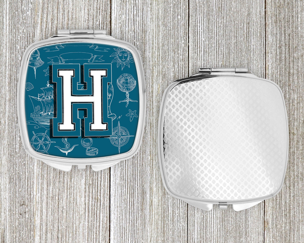 Letter H Sea Doodles Initial Alphabet Compact Mirror Decorative Travel Makeup Mirror for Women Girls Gifts Pocket Makeup Mirror Folding Handheld