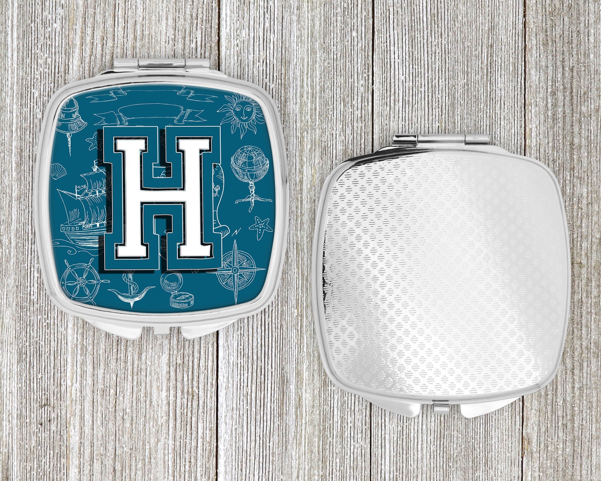 Letter H Sea Doodles Initial Alphabet Compact Mirror Decorative Travel Makeup Mirror for Women Girls Gifts Pocket Makeup Mirror Folding Handheld
