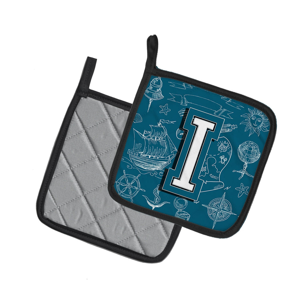 Letter I Sea Doodles Initial Alphabet Pot Holder Set of 2 Heat Resistant Quilted Hot Pads 7.5 x 7.5 Inch, Insulated Kitchen Trivets for Cooking & Baking