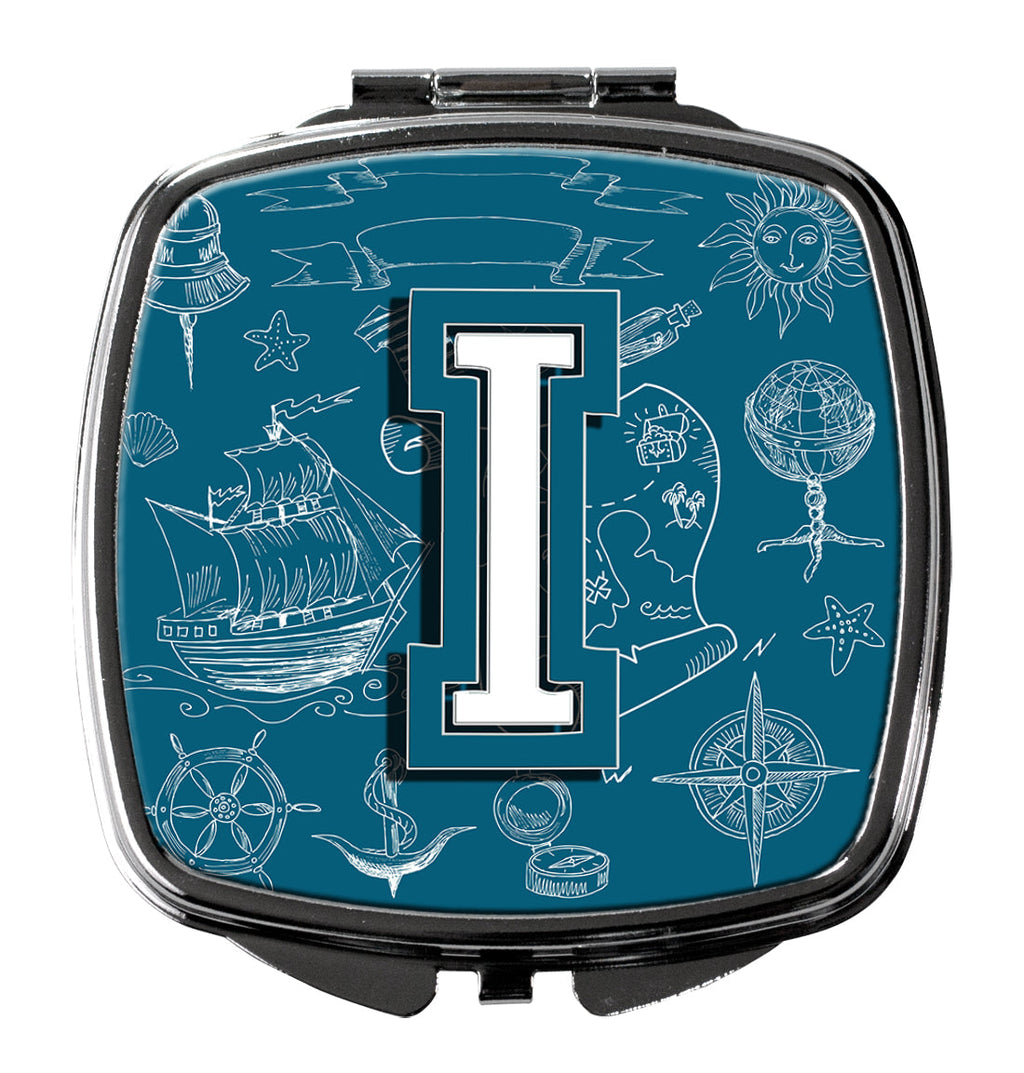 Letter I Sea Doodles Initial Alphabet Compact Mirror Decorative Travel Makeup Mirror for Women Girls Gifts Pocket Makeup Mirror Folding Handheld
