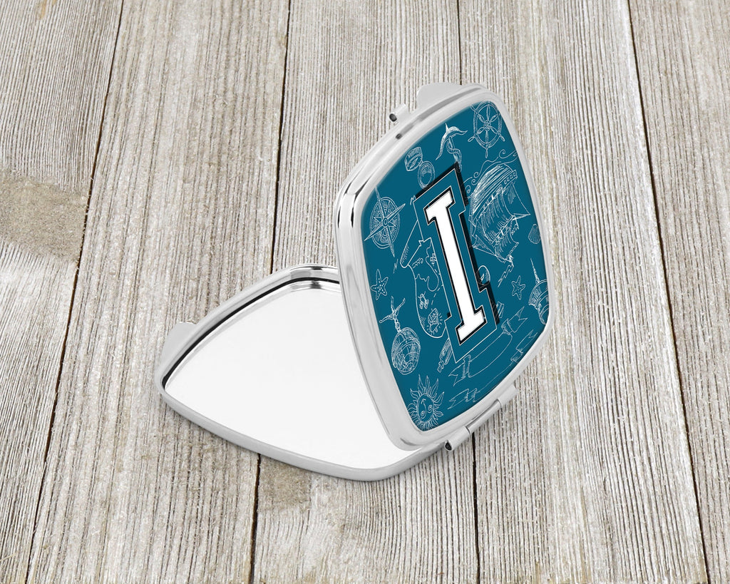 Letter I Sea Doodles Initial Alphabet Compact Mirror Decorative Travel Makeup Mirror for Women Girls Gifts Pocket Makeup Mirror Folding Handheld