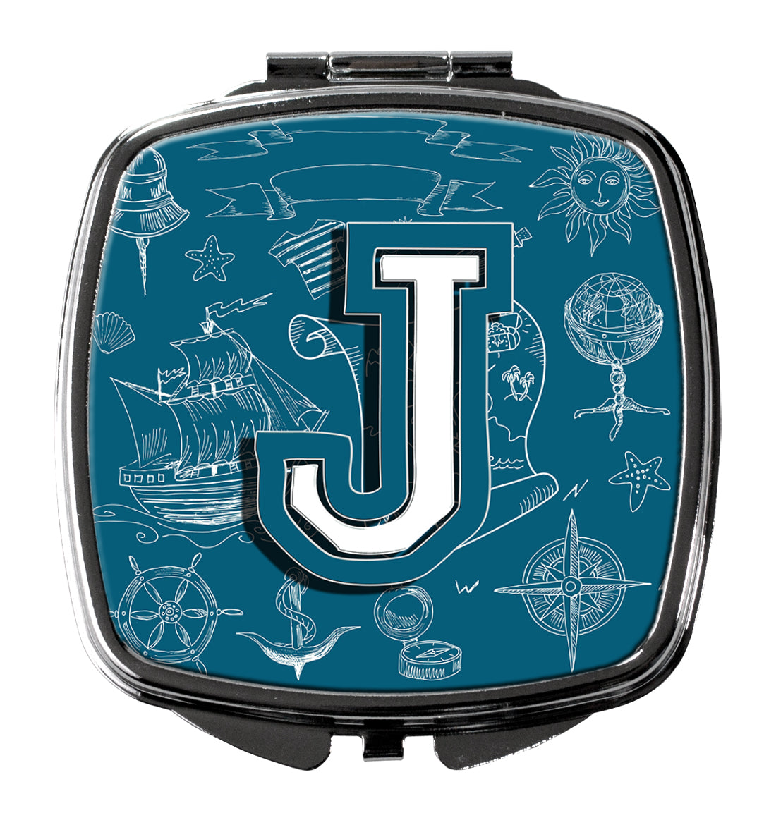 Letter J Sea Doodles Initial Alphabet Compact Mirror Decorative Travel Makeup Mirror for Women Girls Gifts Pocket Makeup Mirror Folding Handheld
