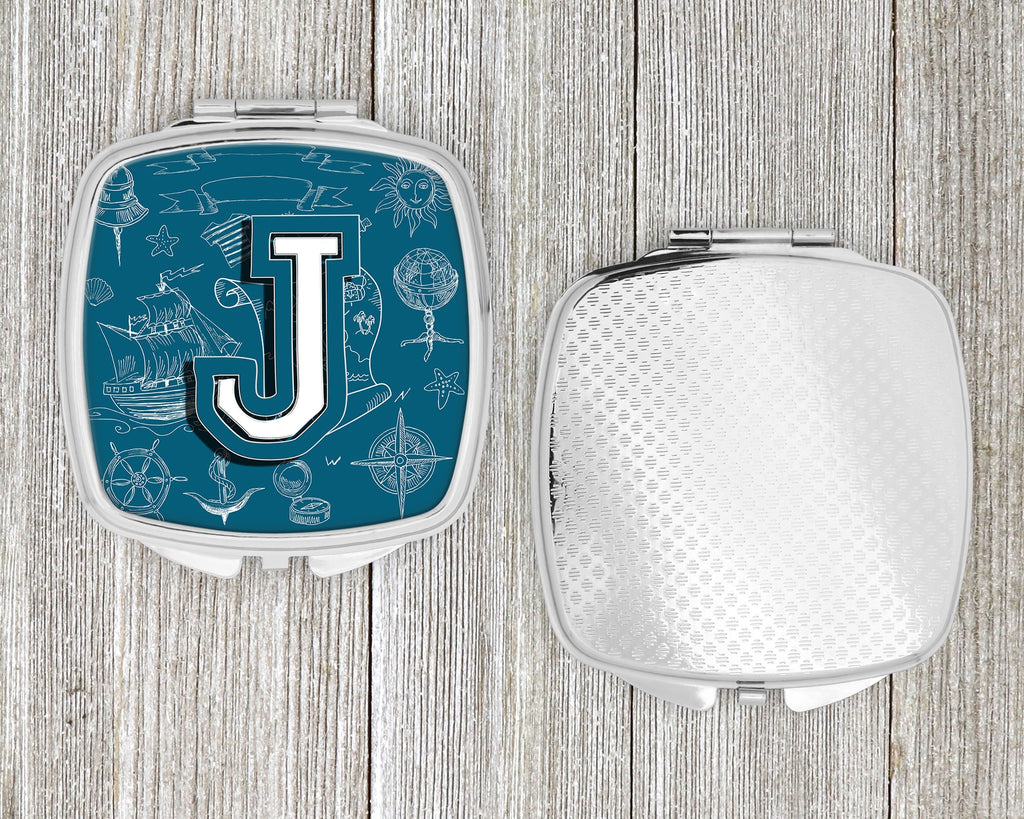 Letter J Sea Doodles Initial Alphabet Compact Mirror Decorative Travel Makeup Mirror for Women Girls Gifts Pocket Makeup Mirror Folding Handheld