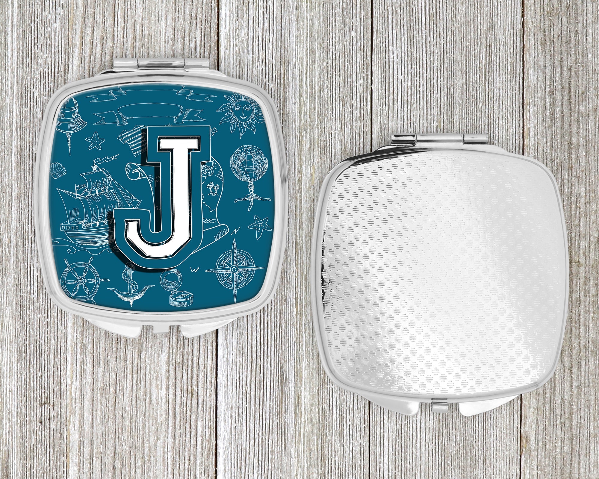 Letter J Sea Doodles Initial Alphabet Compact Mirror Decorative Travel Makeup Mirror for Women Girls Gifts Pocket Makeup Mirror Folding Handheld
