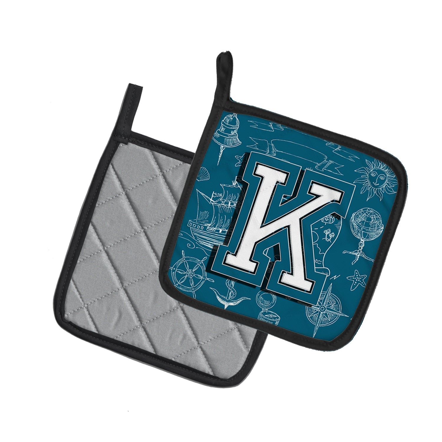 Letter K Sea Doodles Initial Alphabet Pot Holder Set of 2 Heat Resistant Quilted Hot Pads 7.5 x 7.5 Inch, Insulated Kitchen Trivets for Cooking & Baking