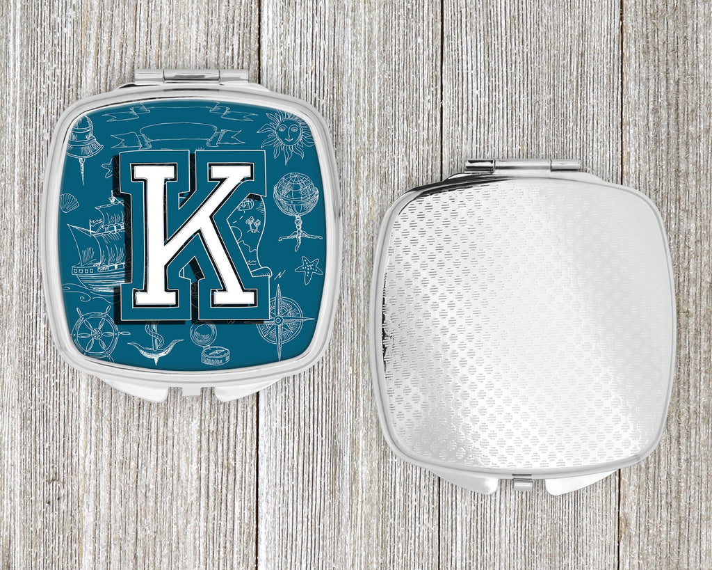 Letter K Sea Doodles Initial Alphabet Compact Mirror Decorative Travel Makeup Mirror for Women Girls Gifts Pocket Makeup Mirror Folding Handheld