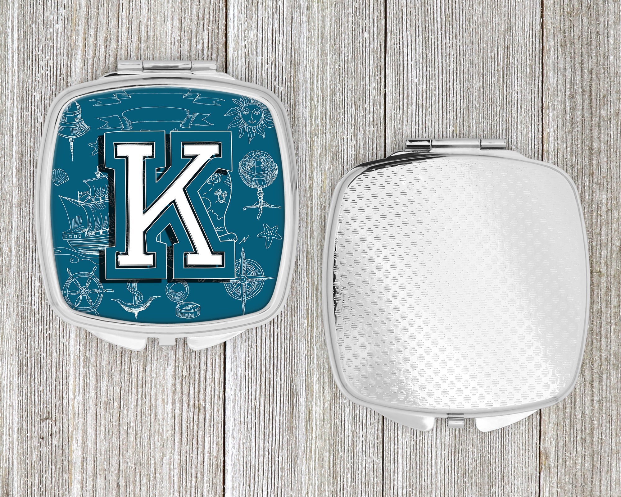 Letter K Sea Doodles Initial Alphabet Compact Mirror Decorative Travel Makeup Mirror for Women Girls Gifts Pocket Makeup Mirror Folding Handheld