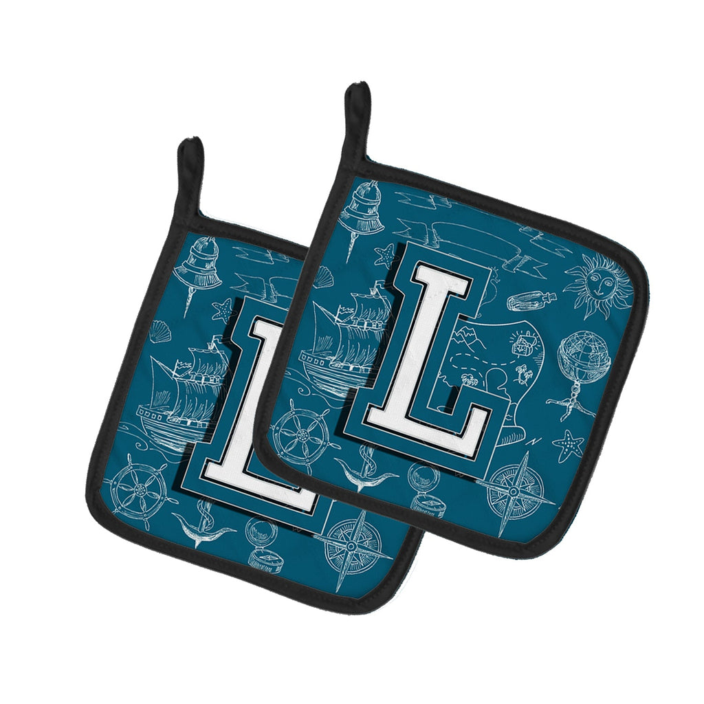 Letter L Sea Doodles Initial Alphabet Pot Holder Set of 2 Heat Resistant Quilted Hot Pads 7.5 x 7.5 Inch, Insulated Kitchen Trivets for Cooking & Baking