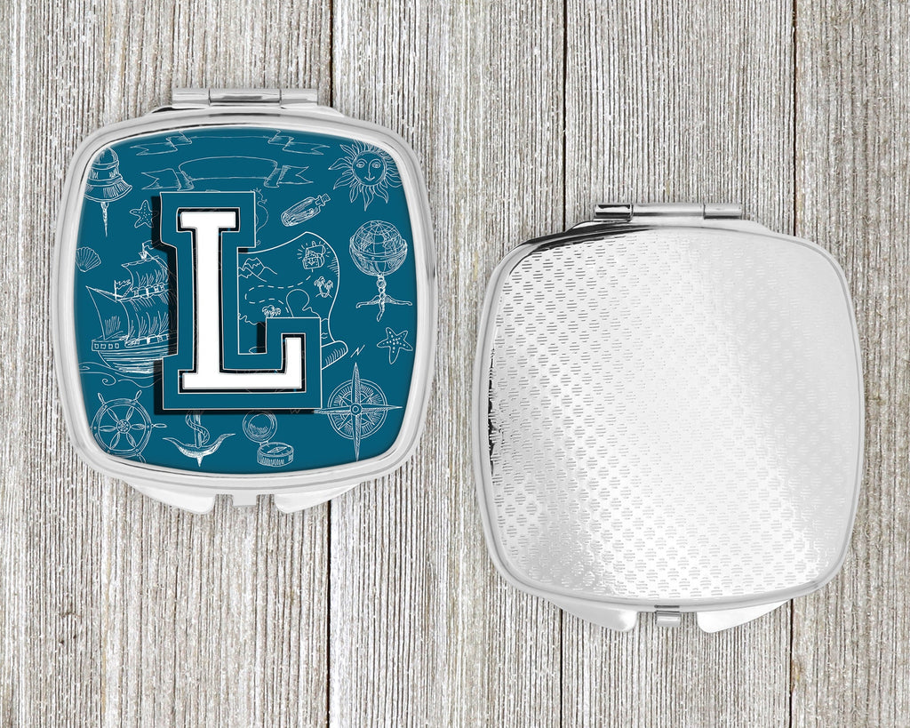 Letter L Sea Doodles Initial Alphabet Compact Mirror Decorative Travel Makeup Mirror for Women Girls Gifts Pocket Makeup Mirror Folding Handheld