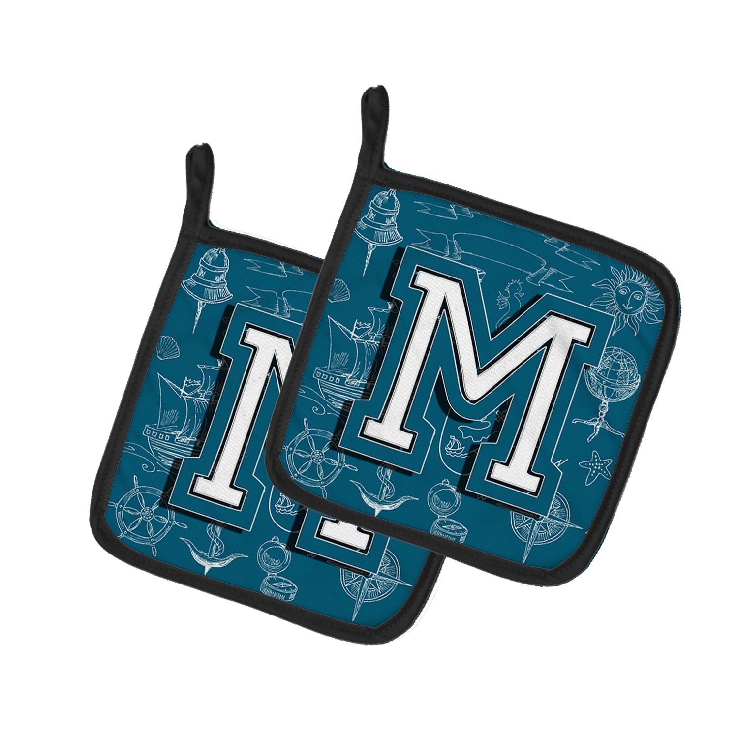 Letter M Sea Doodles Initial Alphabet Pot Holder Set of 2 Heat Resistant Quilted Hot Pads 7.5 x 7.5 Inch, Insulated Kitchen Trivets for Cooking & Baking