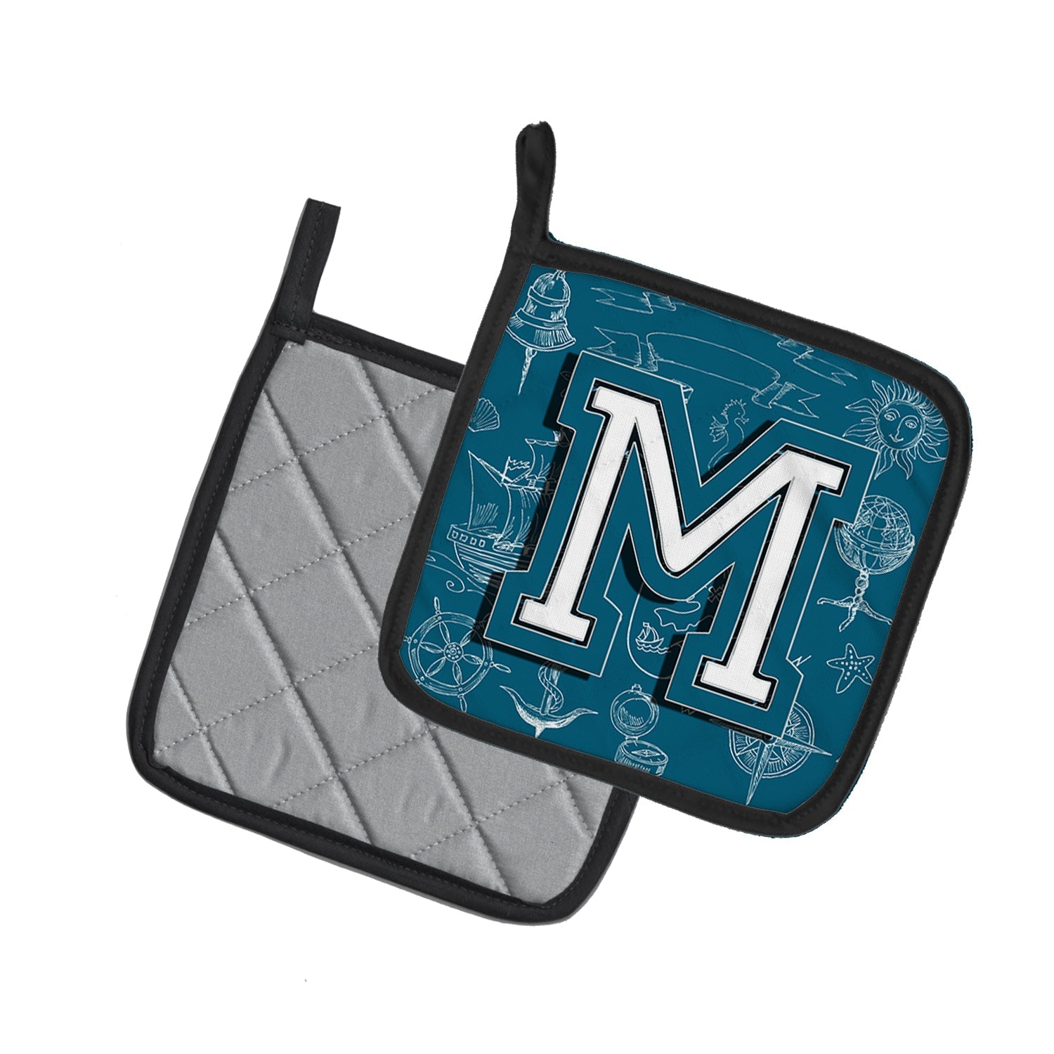 Letter M Sea Doodles Initial Alphabet Pot Holder Set of 2 Heat Resistant Quilted Hot Pads 7.5 x 7.5 Inch, Insulated Kitchen Trivets for Cooking & Baking