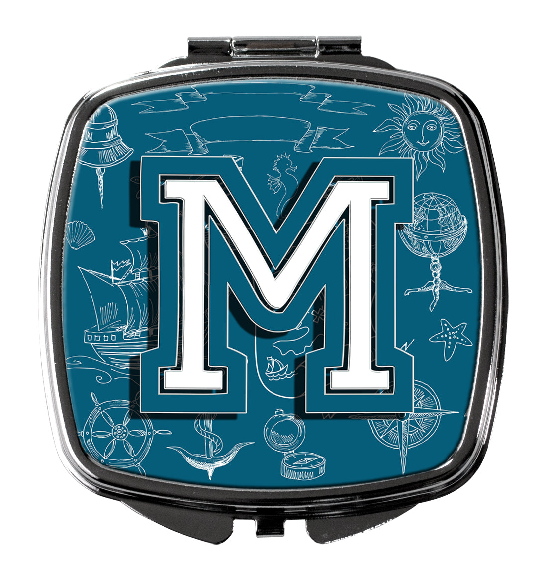 Letter M Sea Doodles Initial Alphabet Compact Mirror Decorative Travel Makeup Mirror for Women Girls Gifts Pocket Makeup Mirror Folding Handheld