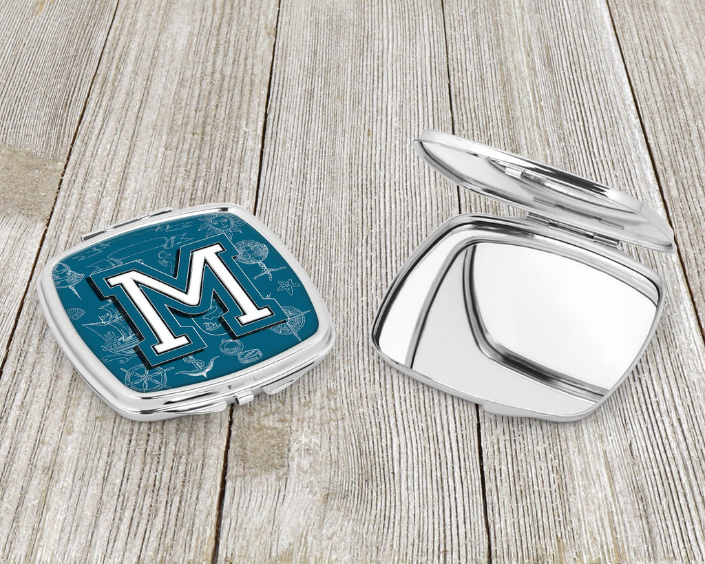 Letter M Sea Doodles Initial Alphabet Compact Mirror Decorative Travel Makeup Mirror for Women Girls Gifts Pocket Makeup Mirror Folding Handheld