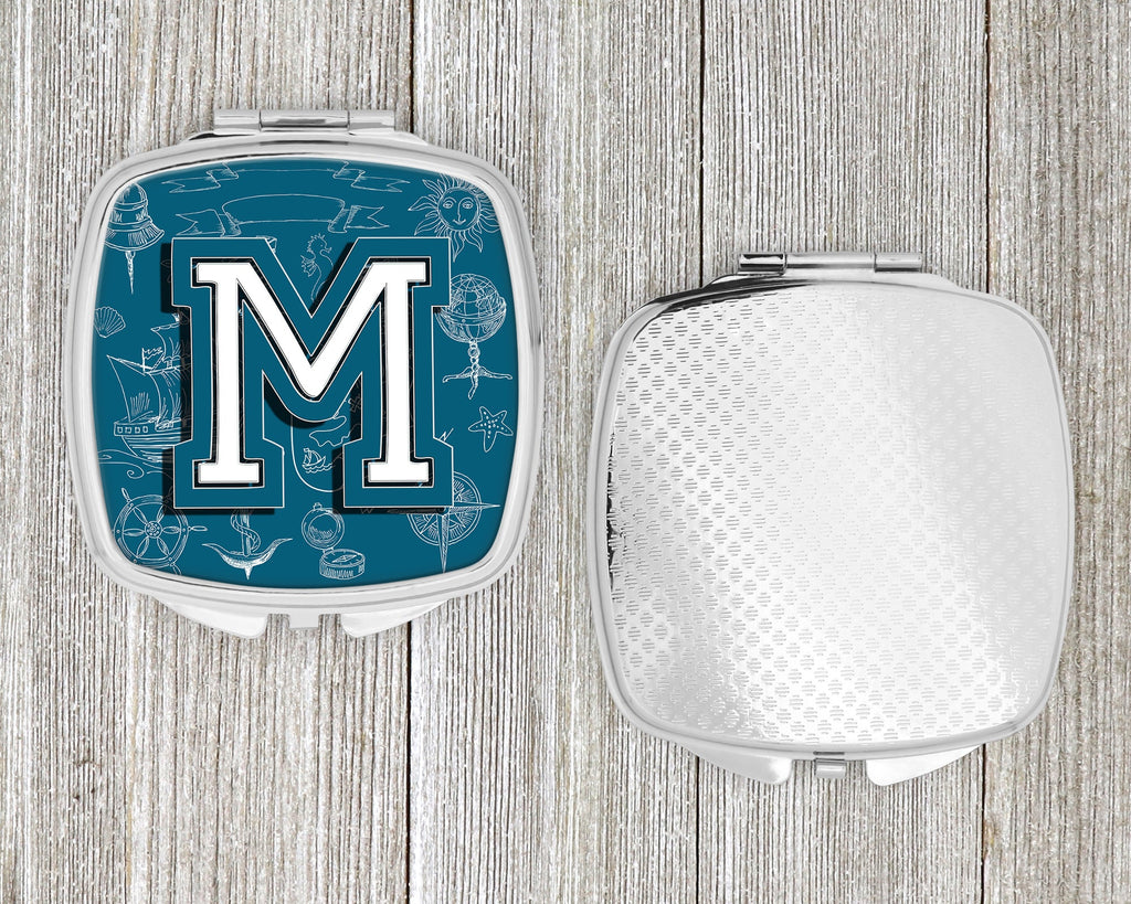 Letter M Sea Doodles Initial Alphabet Compact Mirror Decorative Travel Makeup Mirror for Women Girls Gifts Pocket Makeup Mirror Folding Handheld