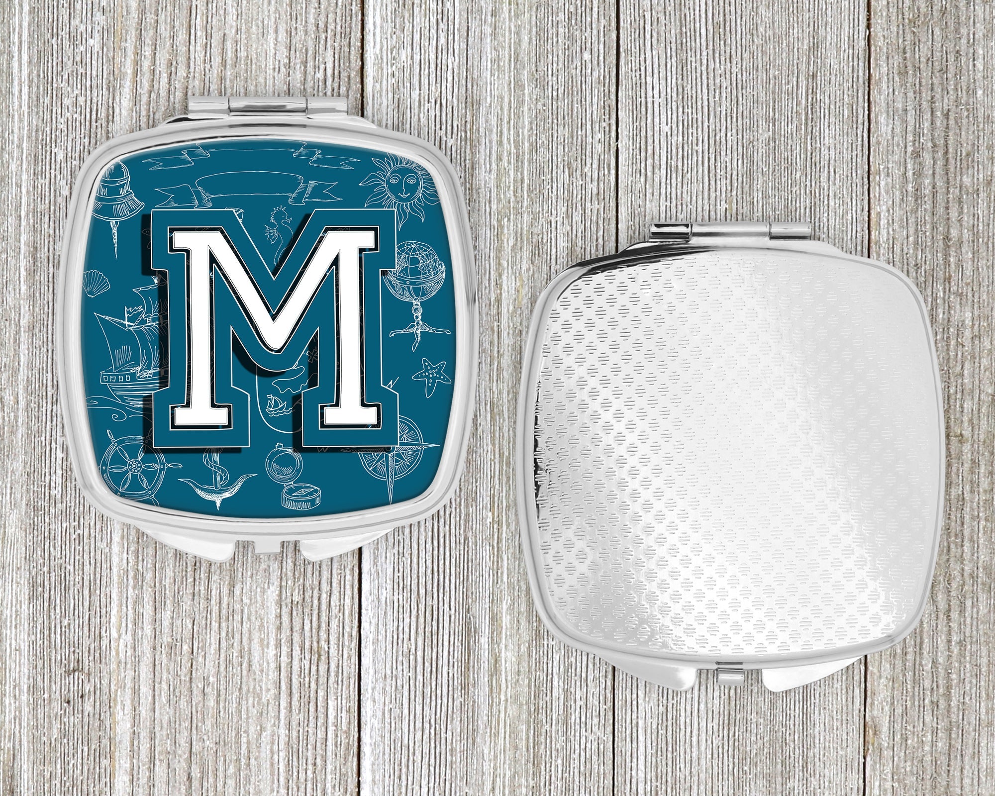 Letter M Sea Doodles Initial Alphabet Compact Mirror Decorative Travel Makeup Mirror for Women Girls Gifts Pocket Makeup Mirror Folding Handheld
