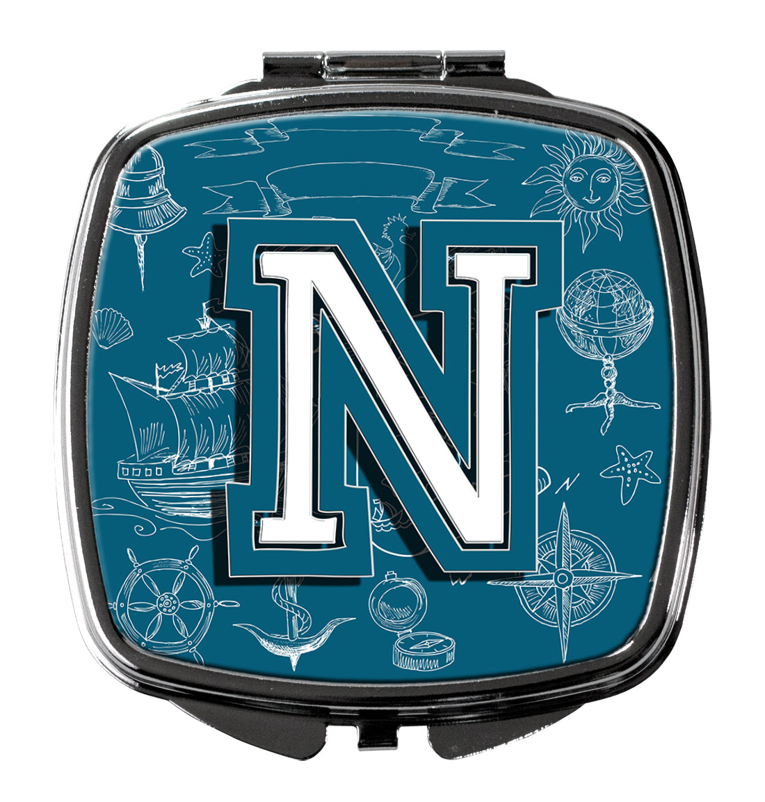 Letter N Sea Doodles Initial Alphabet Compact Mirror Decorative Travel Makeup Mirror for Women Girls Gifts Pocket Makeup Mirror Folding Handheld