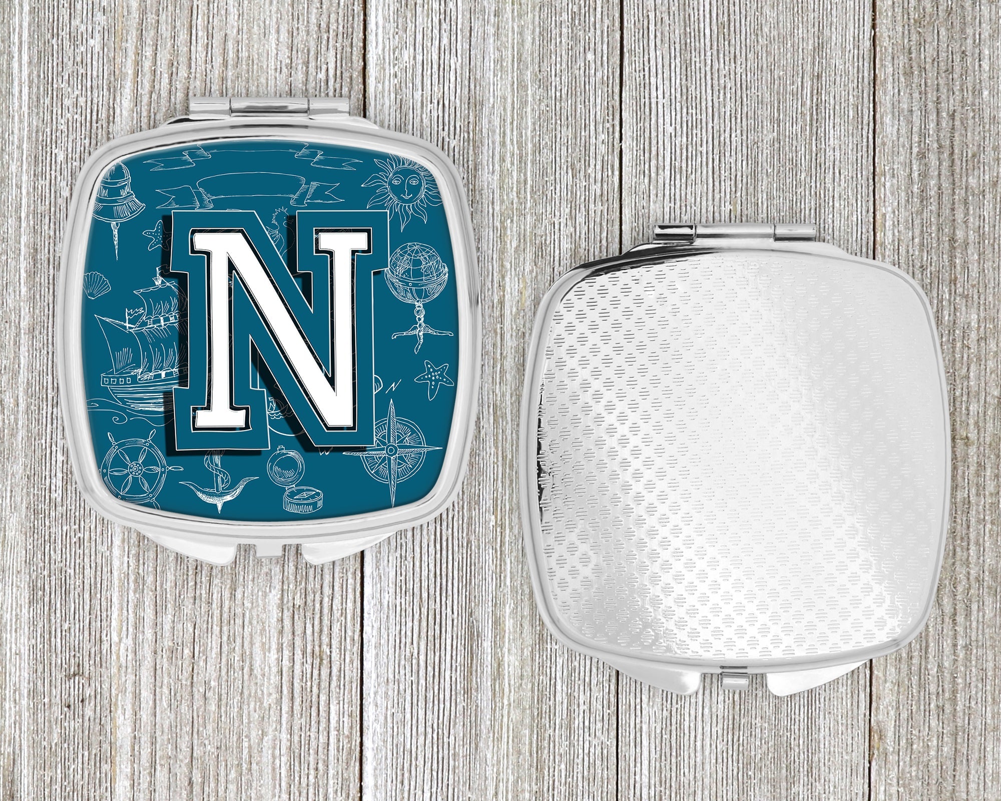 Letter N Sea Doodles Initial Alphabet Compact Mirror Decorative Travel Makeup Mirror for Women Girls Gifts Pocket Makeup Mirror Folding Handheld