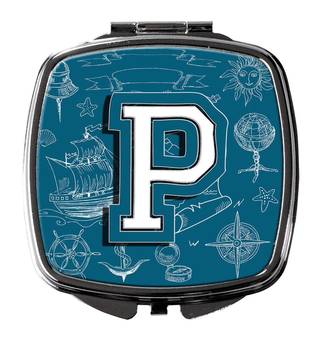 Letter P Sea Doodles Initial Alphabet Compact Mirror Decorative Travel Makeup Mirror for Women Girls Gifts Pocket Makeup Mirror Folding Handheld