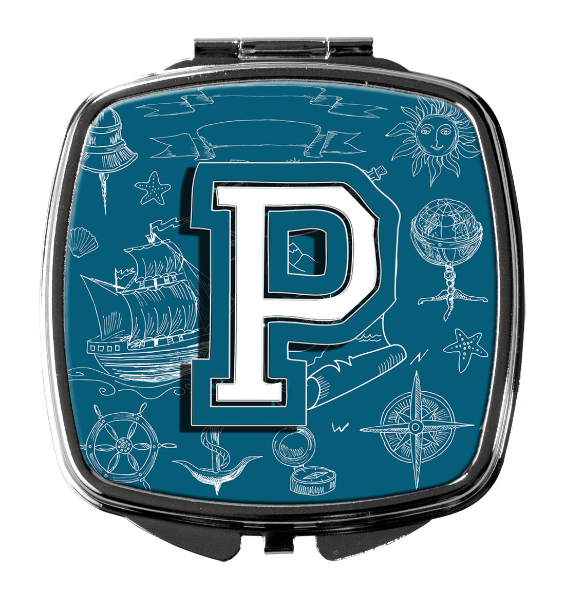 Letter P Sea Doodles Initial Alphabet Compact Mirror Decorative Travel Makeup Mirror for Women Girls Gifts Pocket Makeup Mirror Folding Handheld
