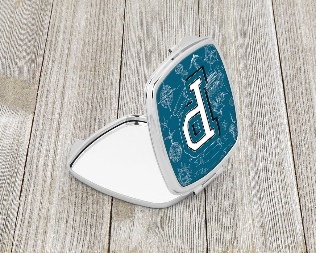 Letter P Sea Doodles Initial Alphabet Compact Mirror Decorative Travel Makeup Mirror for Women Girls Gifts Pocket Makeup Mirror Folding Handheld