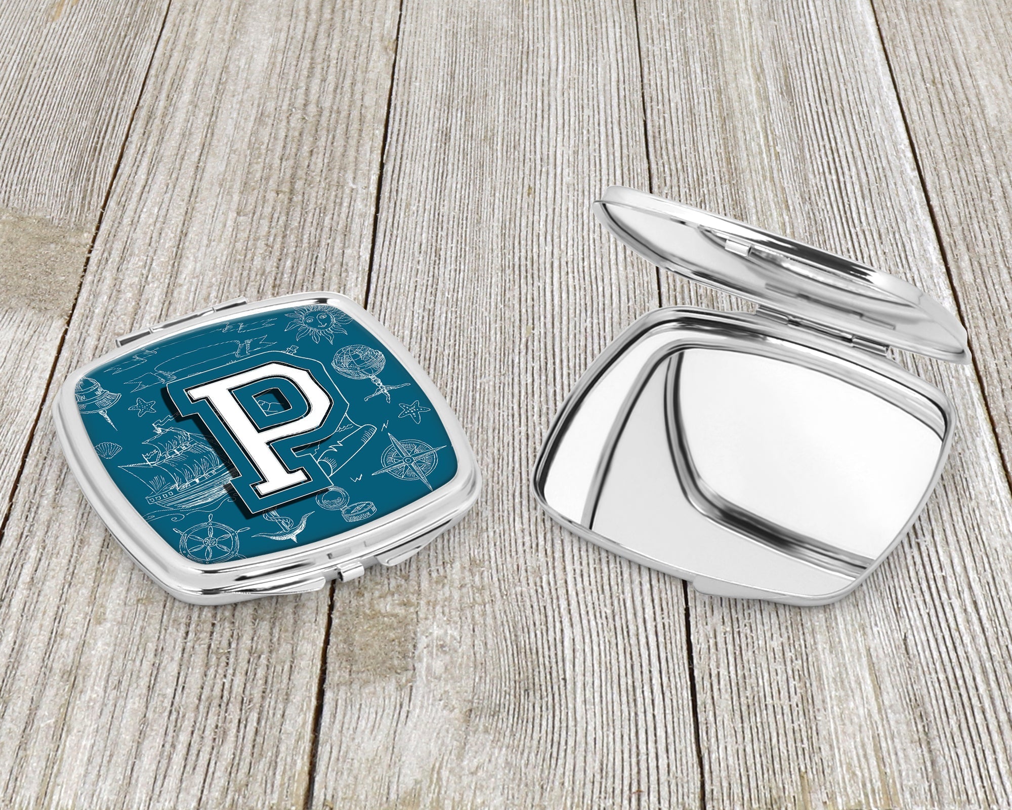 Letter P Sea Doodles Initial Alphabet Compact Mirror Decorative Travel Makeup Mirror for Women Girls Gifts Pocket Makeup Mirror Folding Handheld