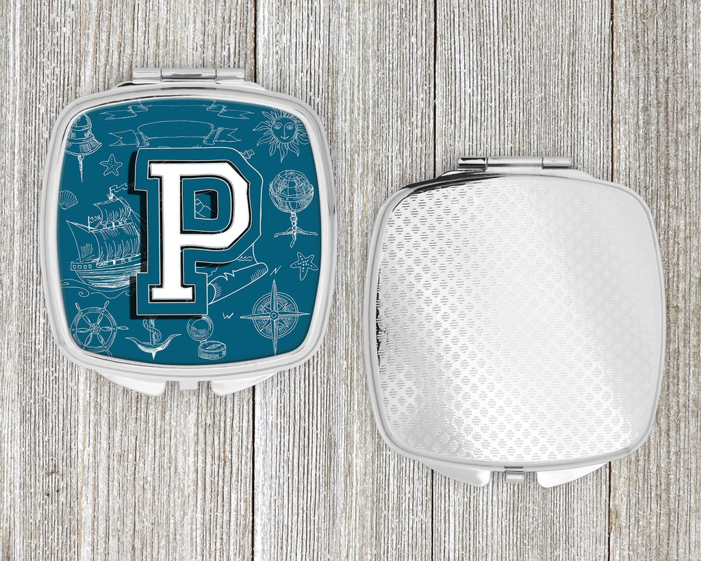 Letter P Sea Doodles Initial Alphabet Compact Mirror Decorative Travel Makeup Mirror for Women Girls Gifts Pocket Makeup Mirror Folding Handheld