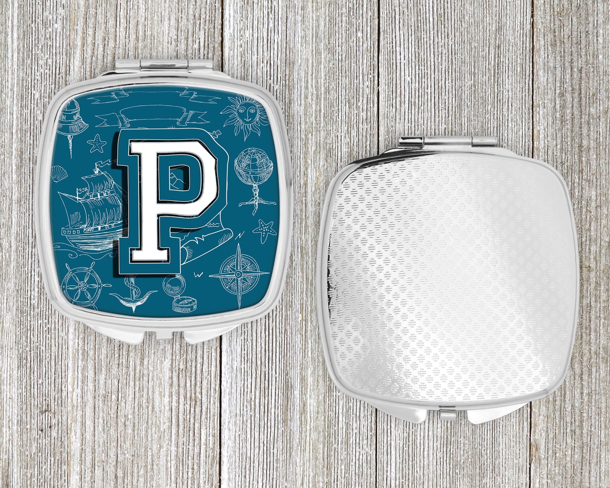Letter P Sea Doodles Initial Alphabet Compact Mirror Decorative Travel Makeup Mirror for Women Girls Gifts Pocket Makeup Mirror Folding Handheld