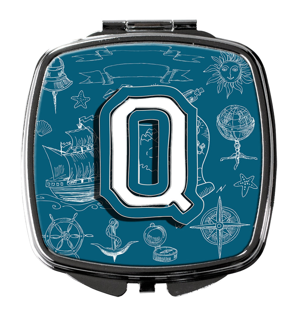 Letter Q Sea Doodles Initial Alphabet Compact Mirror Decorative Travel Makeup Mirror for Women Girls Gifts Pocket Makeup Mirror Folding Handheld