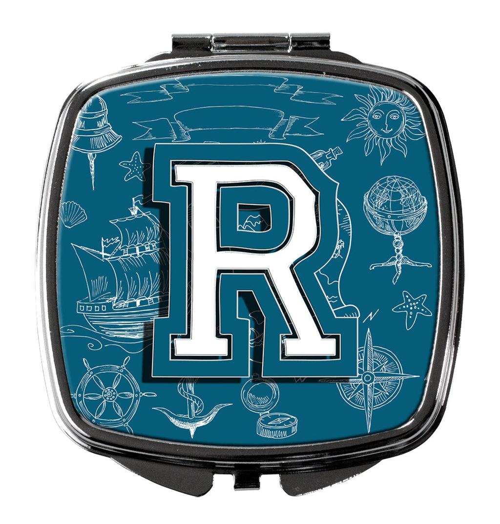 Letter R Sea Doodles Initial Alphabet Compact Mirror Decorative Travel Makeup Mirror for Women Girls Gifts Pocket Makeup Mirror Folding Handheld